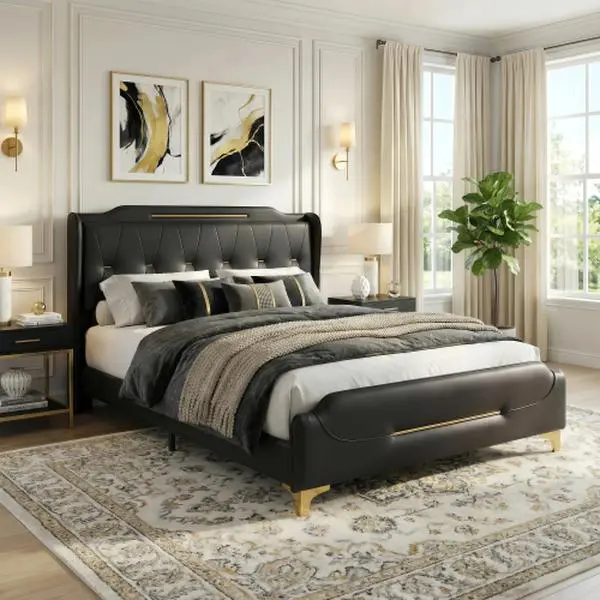 [Bellemave] Queen /King Size Leather Bed frame with Wingback Headboard & Footboard, PU Upholstered Platform bed, Solid Wooden Slats Support, Easy Assembly