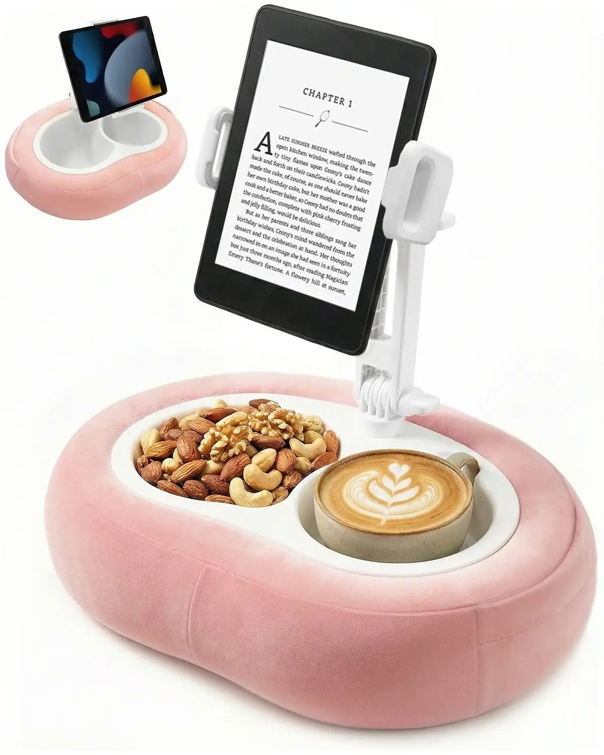 Miledi Tablet Pillow Stand, Compatible with 4.7"-12.9" Kindle, iPad, Phone/Tablet, Google, Samsung, 360° Rotating Phone Holder for Bed, Soft Plush Fabric, Detachable Bowl, Reading and Relaxation on Bed, Pink Tablet Mount Stand Adjustable Tablet Stand
