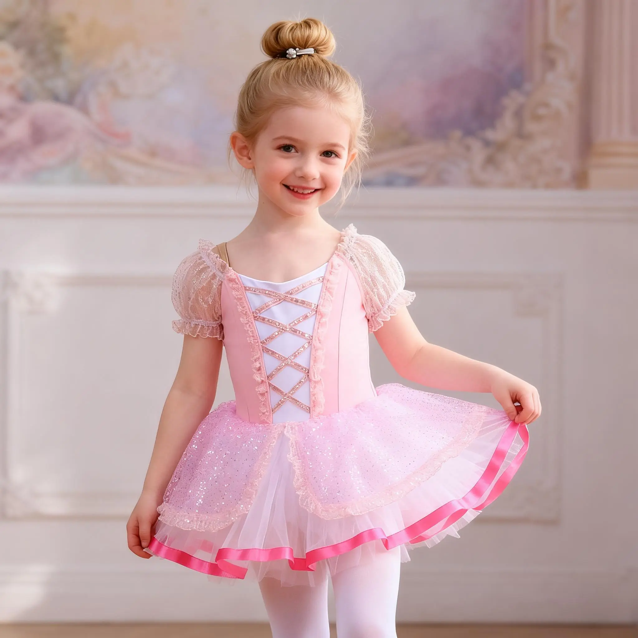 Girls Ballet Leotard Dress with Puff Sleeves Lace-up Front Glitter Tulle  Skirt for Dance Class - TikTok Shop