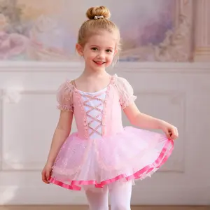 Girls Ballet Leotard Dress with Puff Sleeves Lace-up Front Glitter Tulle Skirt for Dance Class