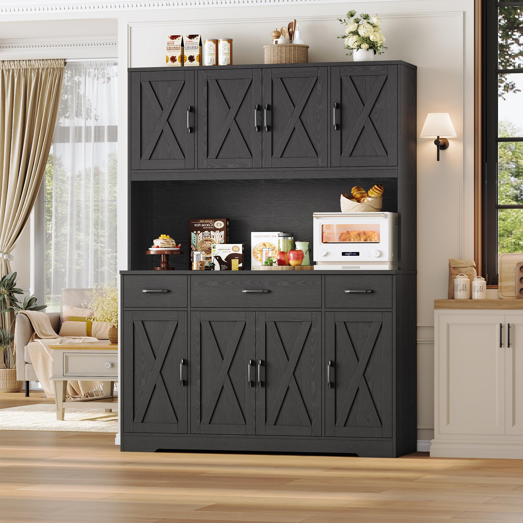 【2 packages shipping】HOSTACK 71" Tall Kitchen Pantry Storage Cabinet with Charging Station, Large Countertop, Farmhouse Food Pantry with 3 Storage Drawers