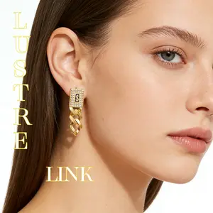 14K Gold Plated Cuban Chain Drop Earrings – Pave Diamond & High-Shine Finish.Edgy 14K Gold Plated, Cuban Link, Drop Earrings, Pave CZ, Signature S Monogram, Street Style, Luxury Edge, Trendy