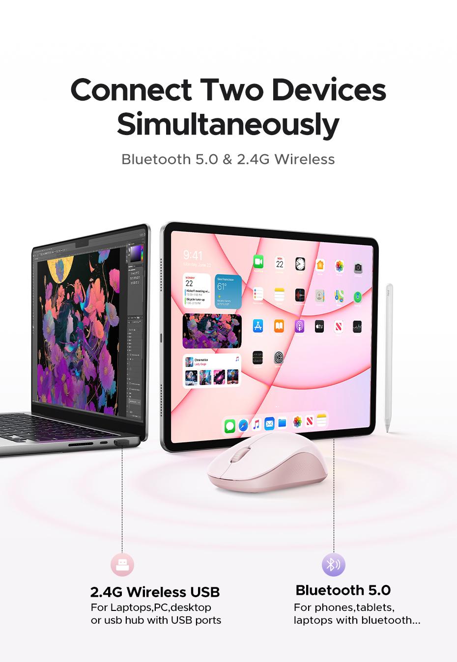 UGREEN  Wireless Bluetooth Mouse Laptop Mice Portable(BT5.0 and USB 2.4G) Dual Mode Connection Silent Slim Computer Mouse for Laptop/iPad Tablet/Apple MacBook/PC