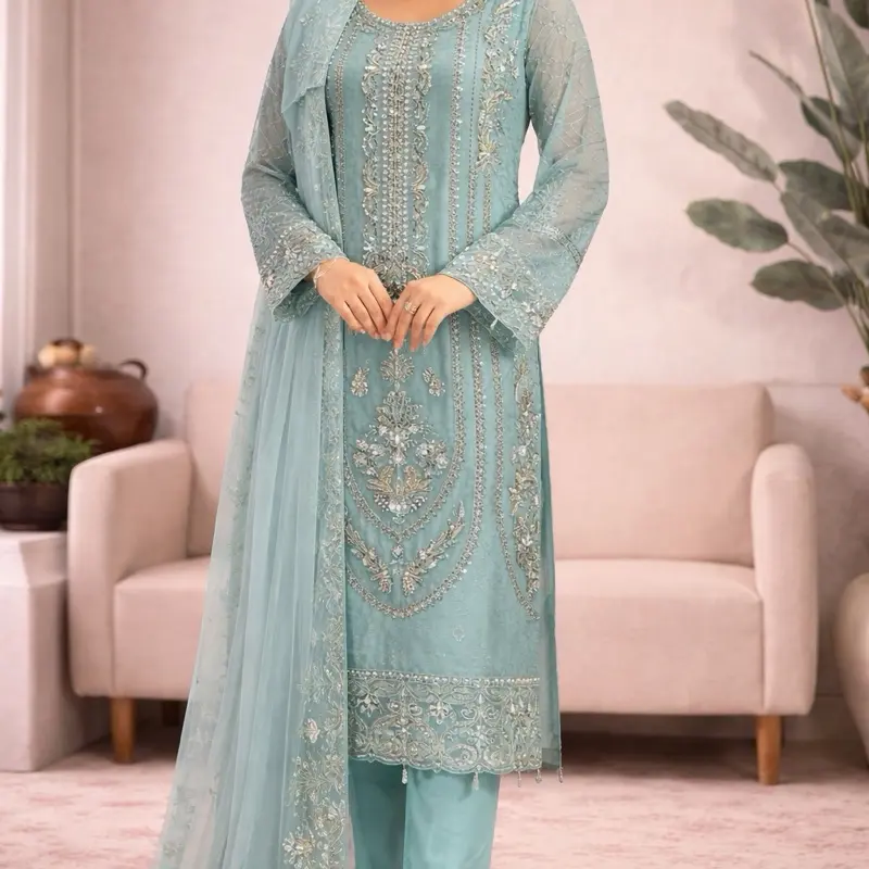 Pakistani Dress N - Elegant Light Blue Embroidered Kurta with Matching Net Dupatta and Pants Casual Womenswear Long Sleeve