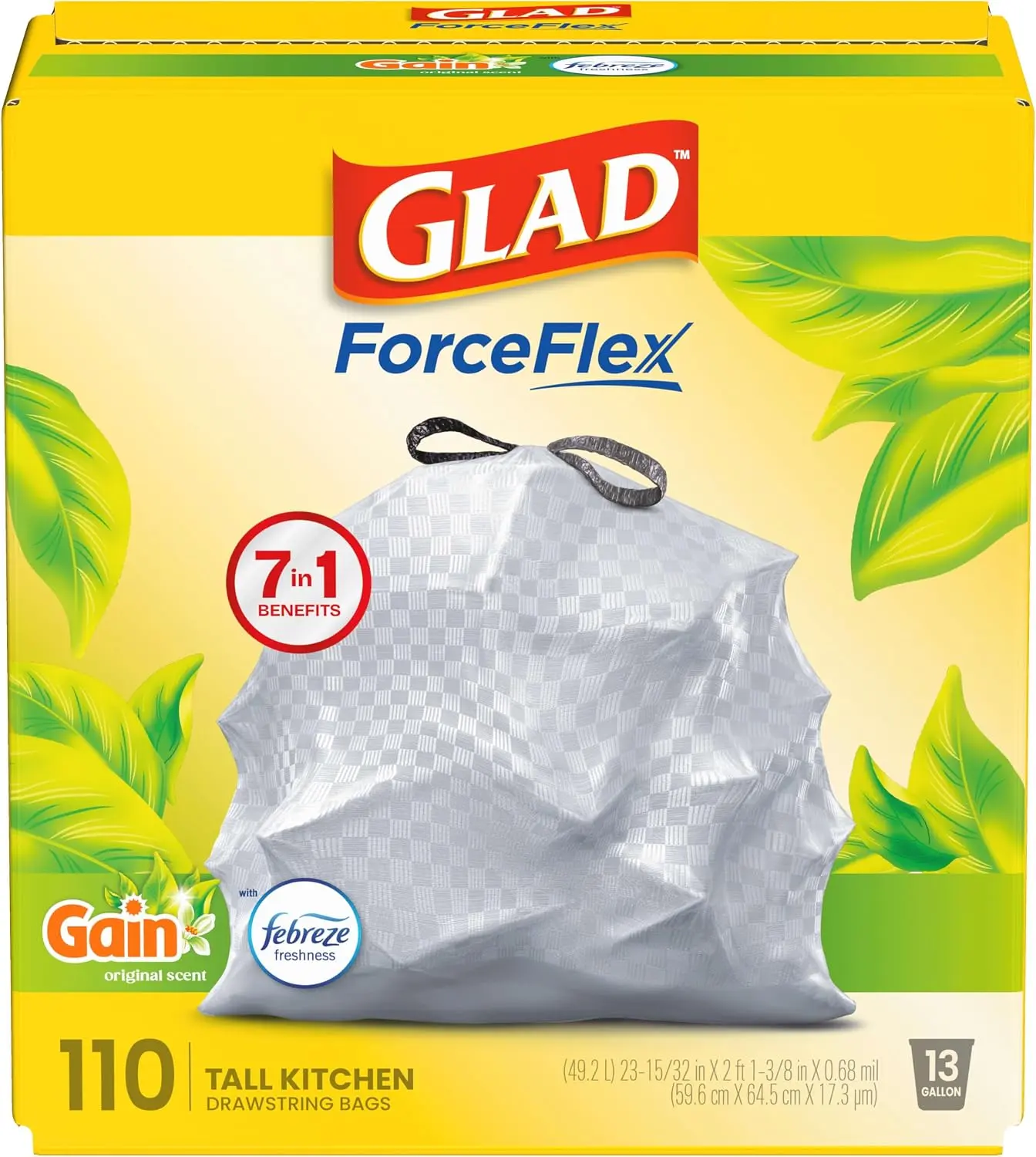 ForceFlex Tall Kitchen Trash Bags, 13 Gallon, Gain Original, 110 Count (Package May Vary)