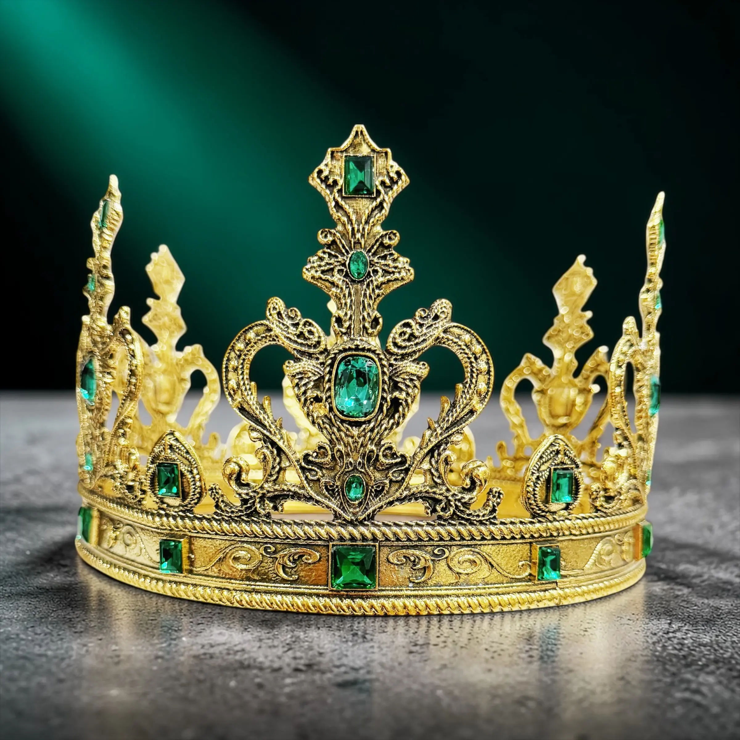 Male King Crown, Vintage Medieval Gold-Plated Alloy with Green Crystals and Shiny Gems, XL 24 inches in circumference, Birthday & Father's Day Gift, Stone, 8 Inches Wide