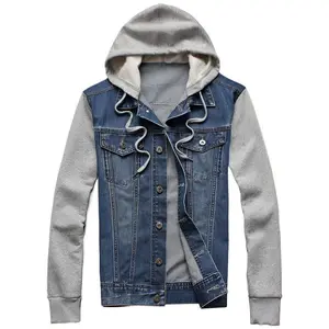 Men's Vintage-Style Hooded Denim Jacket - Casual Slim Fit with Pockets, Gray Hood & Blue Jeans Design, Soft Stretch Fabric, Loose Fit for Casual Attire