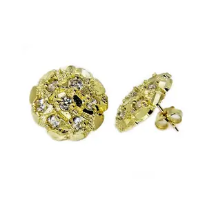 14K Gold Plated Brass Golden Nugget Cookie Stud Earrings with Cubic Zirconia Unisex 4 Sizes 12mm 14mm 16mm 20mm High Quality Polished