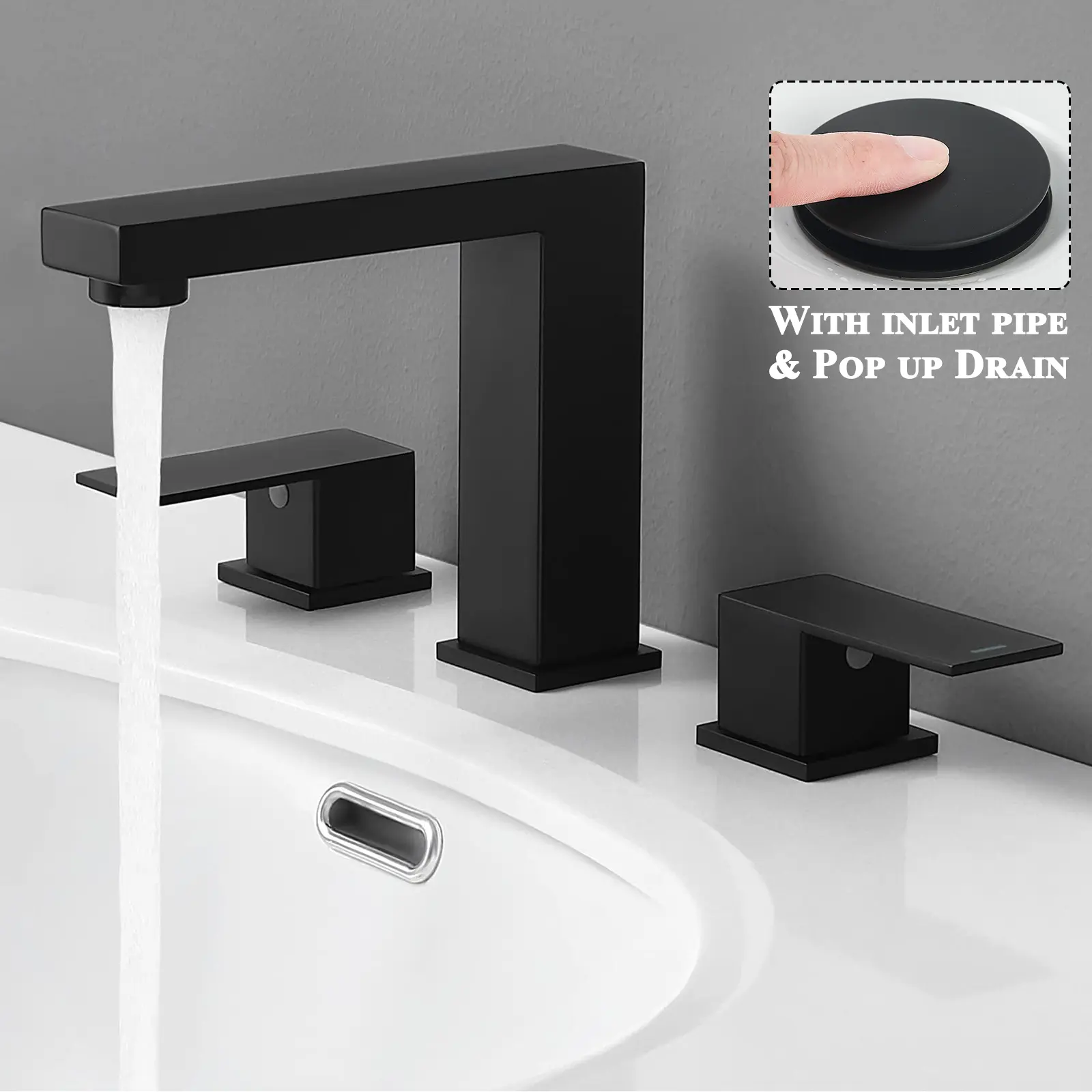 Black Bathroom Faucet 3 Hole, Matte Black Bathroom Sink Faucet 8 Inch Widespread Faucet for Bathroom Sink, 2 Handle Commercial Restroom Sink Faucet Vanity 3 Holes with Pop Up Drain