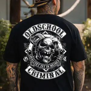 Old School Criminal Skull T-Shirt, Vintage Biker Skeleton Graphic Washed Tee