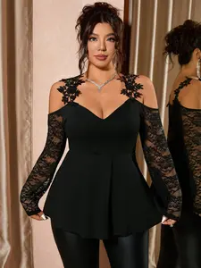 Cravure Plus Size Lace Patchwork Cold Shoulder Top – Elegant Sleeveless Slim Fit Blouse
