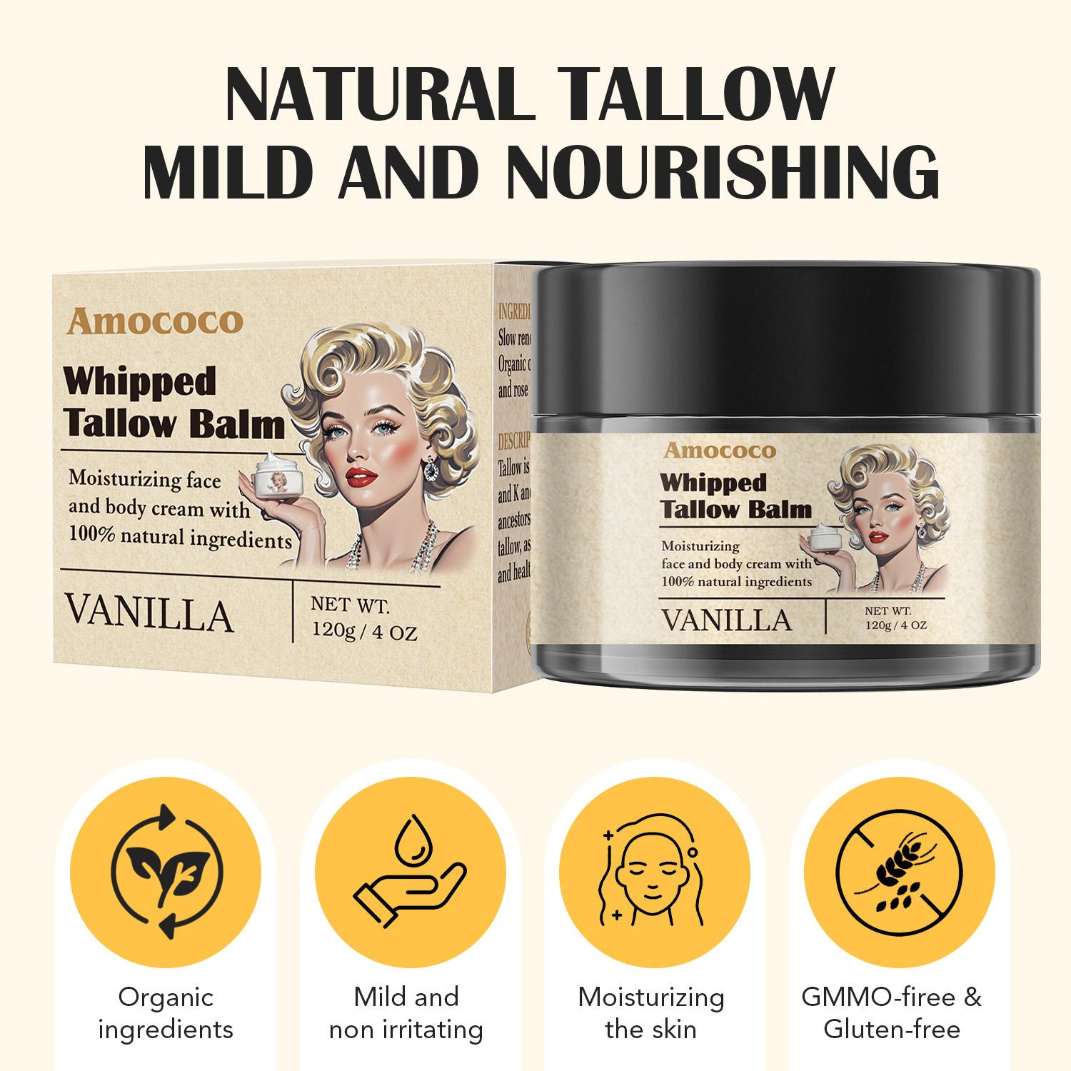 Tallow Cream 100% Natural Moisturizing Face and Body Cream That Soothes, Nourishes, Firms and Hydrates The Skin With Lavender and Vanilla Scents in Vintage Packaging.