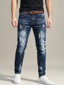 Men's Vintage Bleached Ripped Jeans Slim Fit Distressed Gradient Wash Dark Blue Streetwear Denim Pants