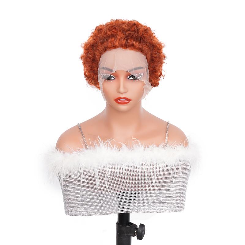 13X1 Curly Lace Front Wig 6 Inch Curly Lace Front Human Hair Wigs - Customized Ginger Blonde Wine red Colored Short Pixie Cut Water Wave Dark Rooted To Ginger Orange Color - 13x1 Transparent Lace Frontal Wigs For Women
