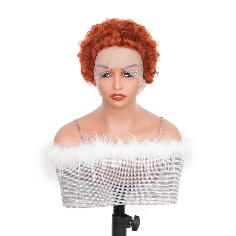 13X1 Curly Lace Front Wig 6 Inch Curly Lace Front Human Hair Wigs - Customized Ginger Blonde Wine red Colored Short Pixie Cut Water Wave Dark Rooted To Ginger Orange Color - 13x1 Transparent Lace Frontal Wigs For Women
