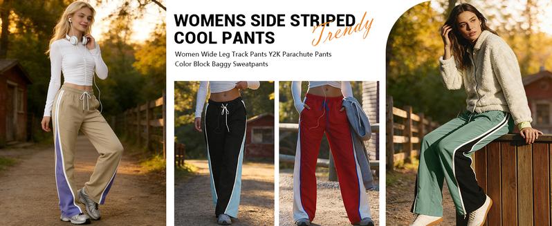 WoodBerry Women’s Retro Stripe Color Block Wide Leg Pants Y2K Parachute Pants Elastic Waist Drawstring Sweatpants Fashion Baggy Trousers Everyday Streetwear