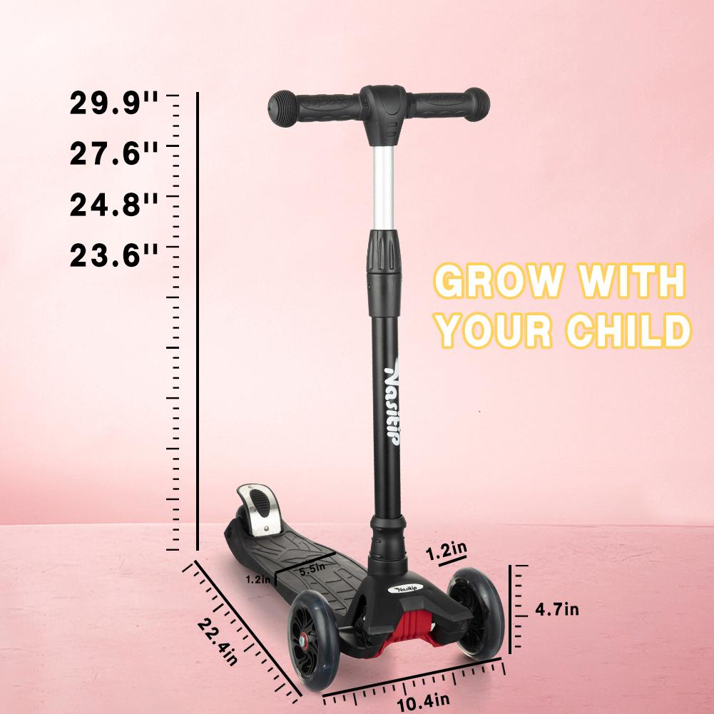 GARVEE Adjustable Height Kick Scooter with AEBC-9 Bearings and 3 Light-Up Wheels, Lean-to-Steer Design for Outdoor Fun, Suitable for Ages 3 to 12, Deep Black Color