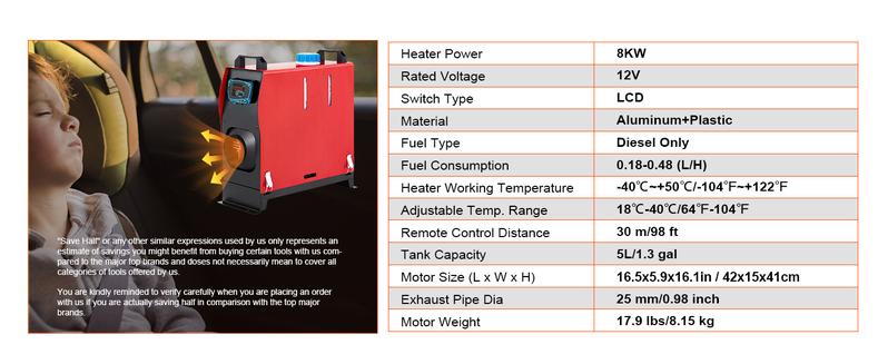 VEVOR 8KW 12V Diesel Air Heater All in One with Blue LCD Switch & Large Air Outlet 5L Tank, TikTokShopBlackFriday, Remote Control Parking Diesel Heater Silencer for RV Trucks Bus Trailer Home and Shop