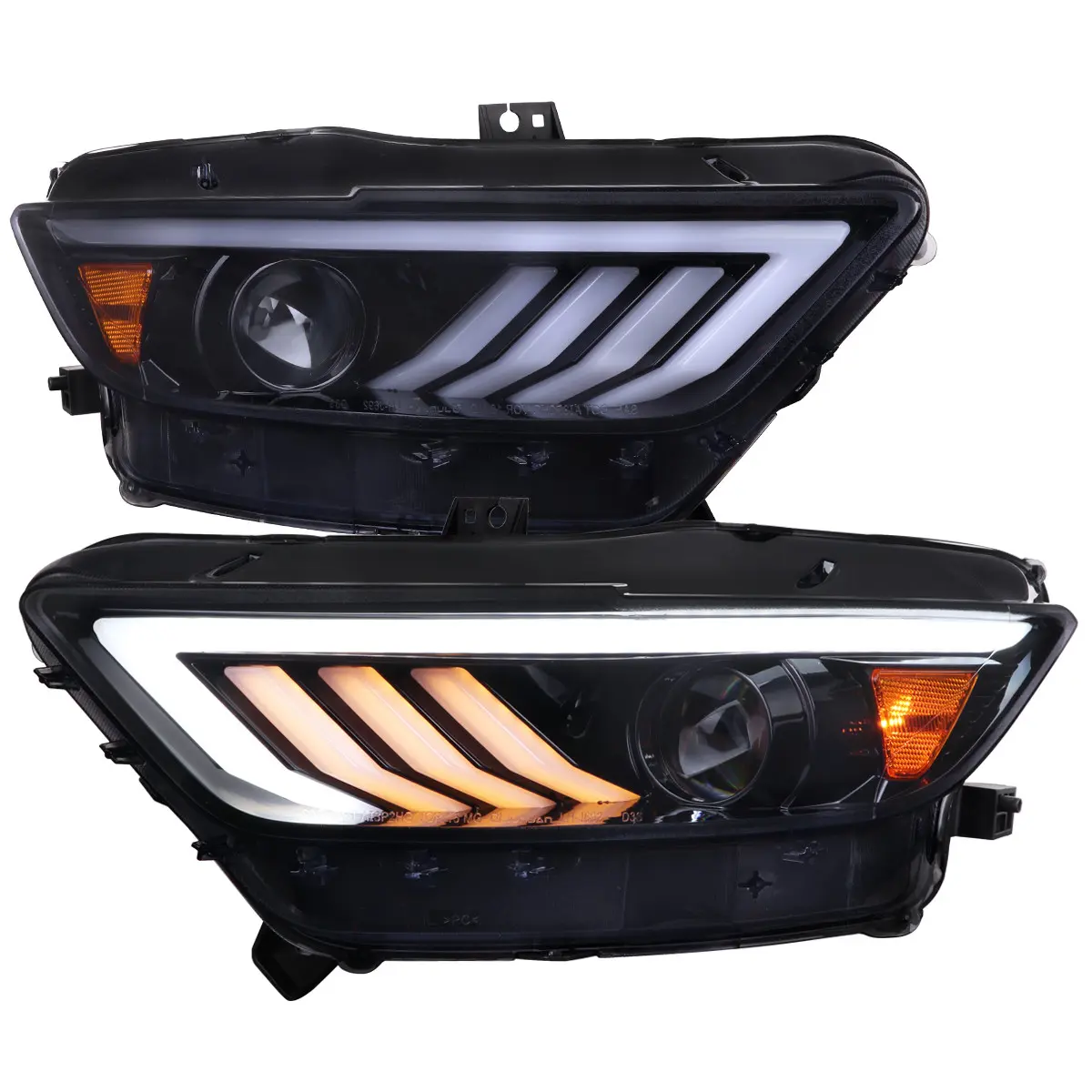 2015-2017 Ford Mustang HID-Type  LED Sequential Turn Signal Projector Headlights (Glossy Black Housing/Smoked Lens)