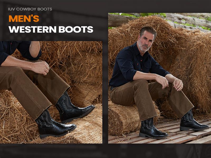 Cowboy Boots for Men  Western Men's Boots with Classic Embroidered Durable Short Boots  Slip on Square Toe Boots Slip Resistant Country Boots Chunky Heel Ankle