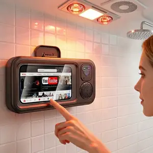 Shower Phone Holder with Wireless Bluetooth Speaker, Waterproof 480 Rotation Viewable Shower Phone Stand Case Mount Speakers for Bathroom Wall Mirro for 4"- 6.8" Cell Phones(Black)