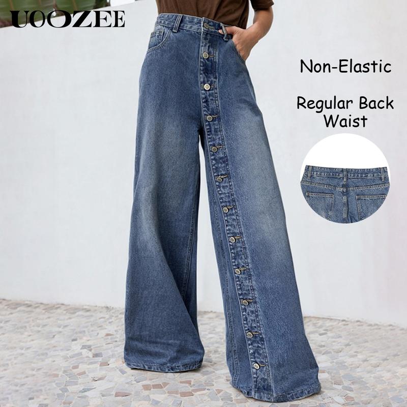 UOOZEE TikTok Exclusive Women's Casual Pocket Decorative Non-functional Buttons Wide Leg Loose Back Elastic Jeans High Waist Single Breasted Non-Elastic Regular Back Waist Comfortable Fit Outfits Womenswear Clothes Denim Bottom straight leg jeans Hip