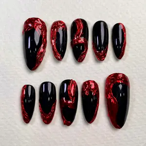 Black Red Chrome Press-On Nails, Blood Mirror Gothic Fake Nails with Liquid Metal Effect