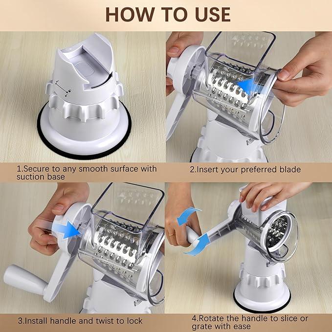 Rotary Cheese Grater Hand Crank Vegetable Slicer with 3 Stainless Steel Blades for Fruit Vegetables Nuts White Kitchen Tool Safe Easy Clean