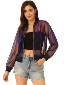 INSPIRE CHIC Sheer Mesh Glitter Shiny See Through Zip Up Jacket