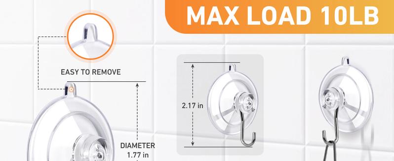 Suction Cup Hooks 12Pack Max Load 10LB 1.77In Clear Small Reusable & Removable Hook Suction Cup with Stainless Steel Hooks Organiser Silicone