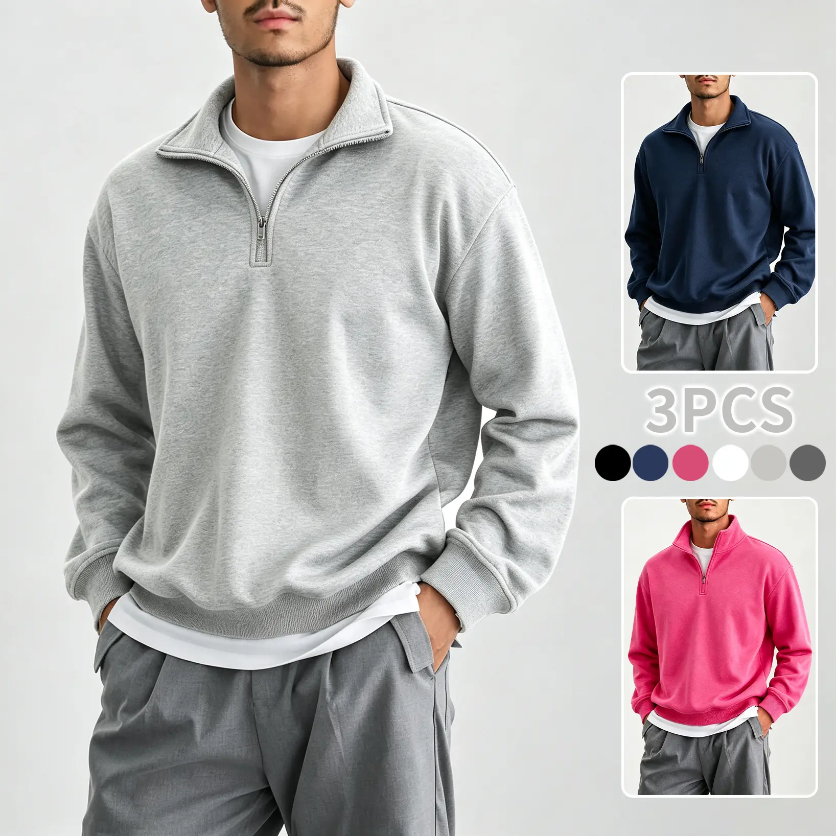 3 pcs unisex solid color crewneck sweatshirts with a half zipper, wrinkle resistant and warm basic layering tops, versatile casual pullover for all seasons, create a simple everyday men’s outfit