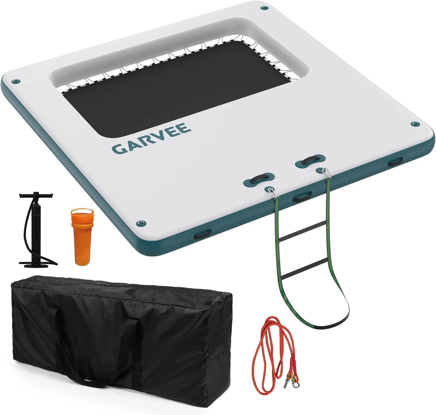 Gaomon 10x10FT Portable Inflatable Floating Dock, Square Floating Platform with Mesh Swim Area, Non-Slip EVA Surface, Rope Ladder for Boats, Pools