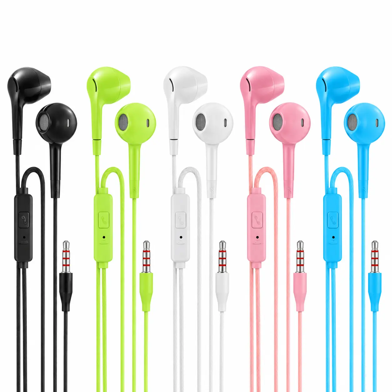 5 Pack Set Colorful Wired Earphones , In-Ear Stereo Earbuds with Mic & Deep Bass, 1 Black 1 Blue 1 White 1 Green 1 Pink, 3.5mm or USB-C Headphone Models for Smartphones, Music, Calls, Gaming & Travel