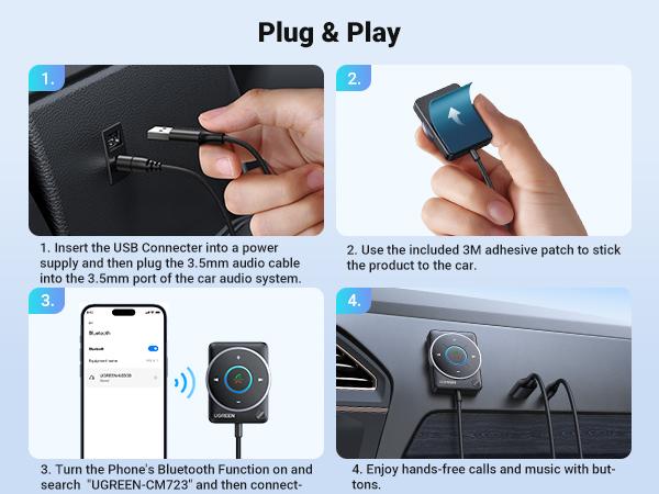 UGREEN Bluetooth 5.4 Aux Car Adapter, [Enhanced Connection & Noise Cancellation], Bluetooth Aux Receiver with Nylon Braided Cable, Plug & Play for Car Music/Hands-Free Calls/Stereo Audio