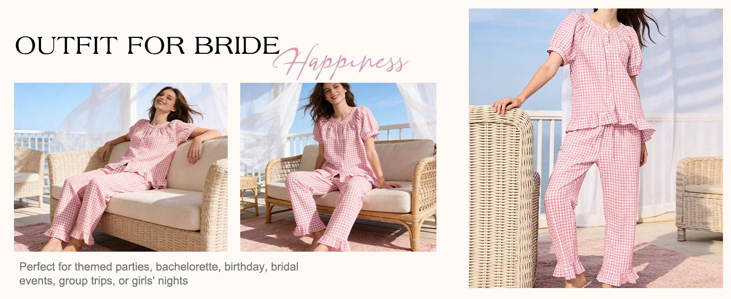 Naeduo Womens Plaid 2 Piece Pajamas Sets Gingham Button Down Puff Sleeve Babydoll Shirt Ruffle Pants Y2K Pjs Lounge SpringStatements Set Soft