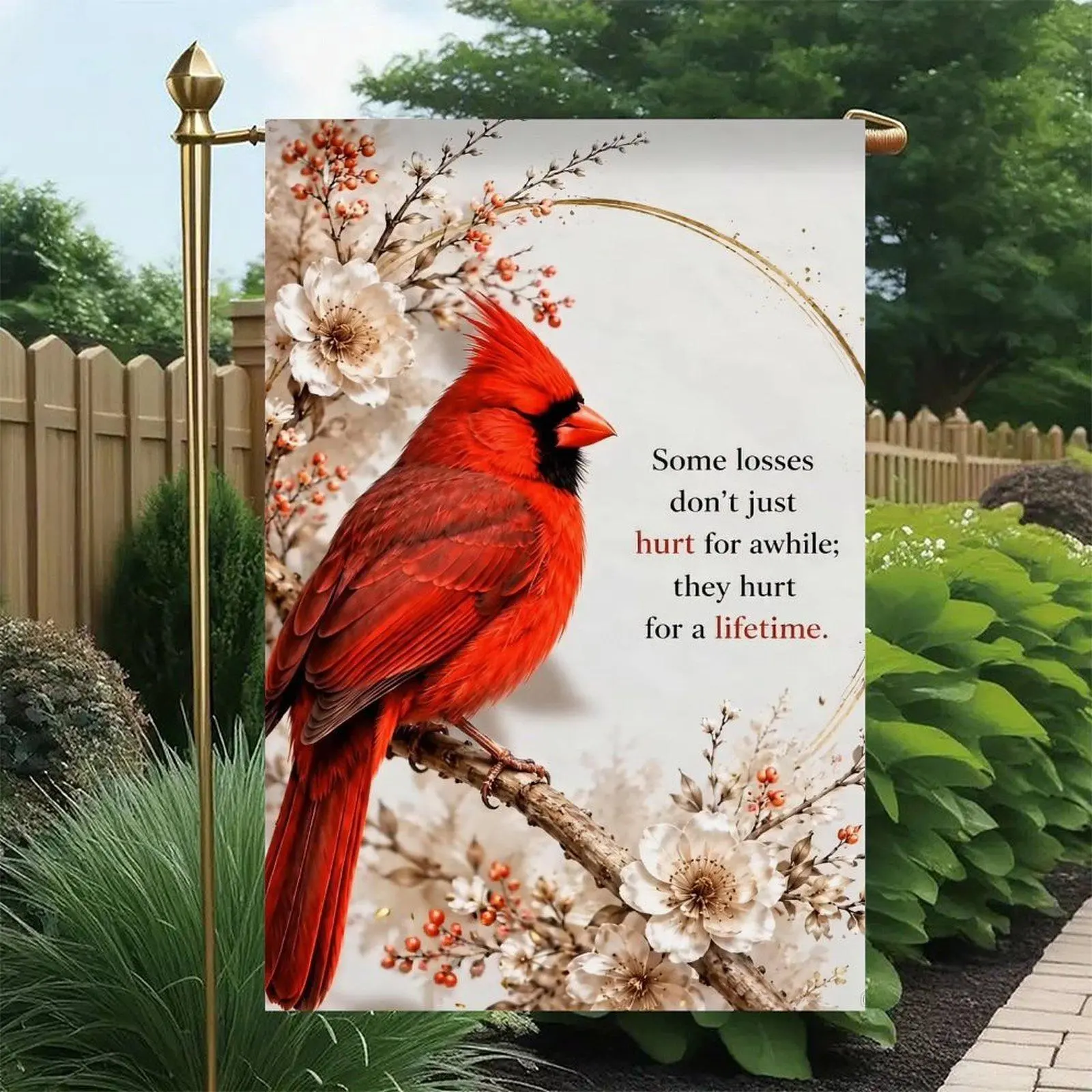 Grief Sympathy Memorial Garden Flag - Red Cardinal, White Blossom Berry Branch, Linen, Waterproof, 12x18in Double-Sided Outdoor Decor, Family Gifts Gentle Front Yard Sign