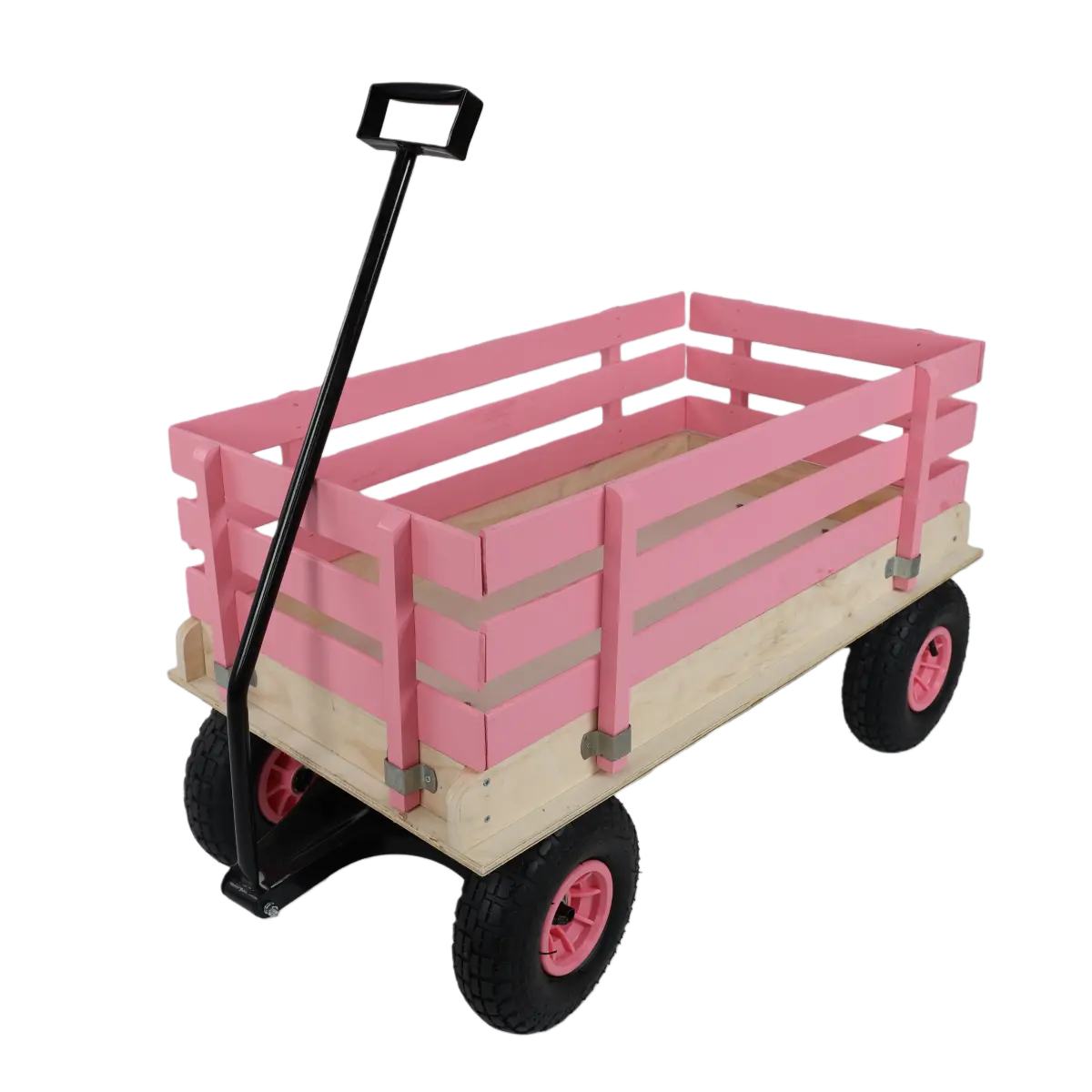 Pink Wooden Garden Wagon with Removable Panels, Heavy Duty Utility Cart for Yard Work, Camping and Outdoor Storage