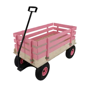 Pink Wooden Garden Wagon with Removable Panels, Heavy Duty Utility Cart for Yard Work, Camping and Outdoor Storage