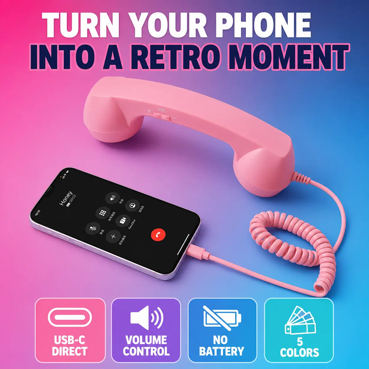 Retro Phone Handset for Smartphone, Vintage Telephone Receiver with Microphone & Volume Control, Wired Phone Accessory for Cell Phones