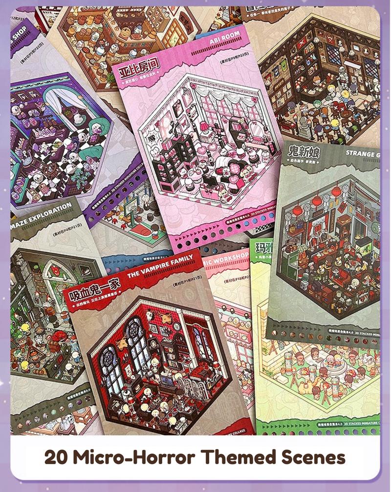 [Free Tweezers] Miniature Scene Collection Book - 45pcs 3D Stacking Plastic Stickers Reusable Cartoon House & Garden Decor Self Adhesive Mixed Colors for DIY Crafts Scrapbooking and Playful Home Decor