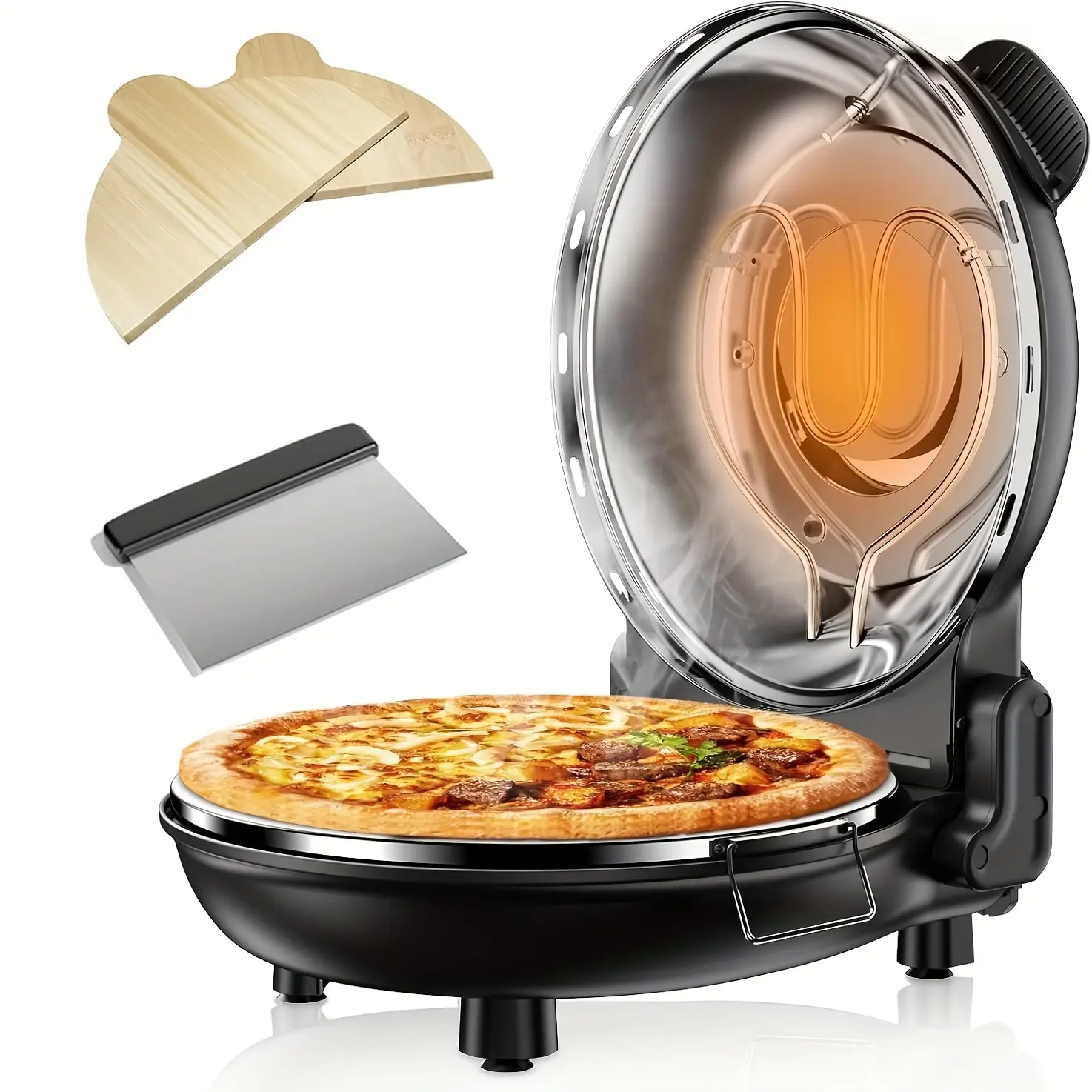 Indoor Electric Pizza Oven, 12-Inch Retro Pizza Maker with 800°F Rapid Heating, 1200W Glazed Ceramic Stone, 2-Button Precise Temp Control, Viewing Window for Countertop Cooking (Food Dehydrator, Candy Mixer, Chicken Shredder Grater)