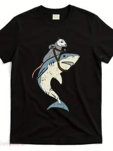 Opossum Riding Shark Graphic T-Shirt - Retro Streetwear Style with Opossum & Shark Print - Comfortable Casual Round Neck Tee for Casual Attire, Outdoor Activities & Year-Round - Funny Possum Shirt