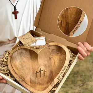 Handcrafted Vintage Prayer Bowl, Wooden Heart Shaped Prayer Bowl 24 Prayer Cards, Cross & Letter Pattern, Religious Decorations, Home Decor, Church Ornaments, Christian Gifts for Women, New Year's Day Valentine's Day St.Patrick's Day & Easter Sunday Gifts