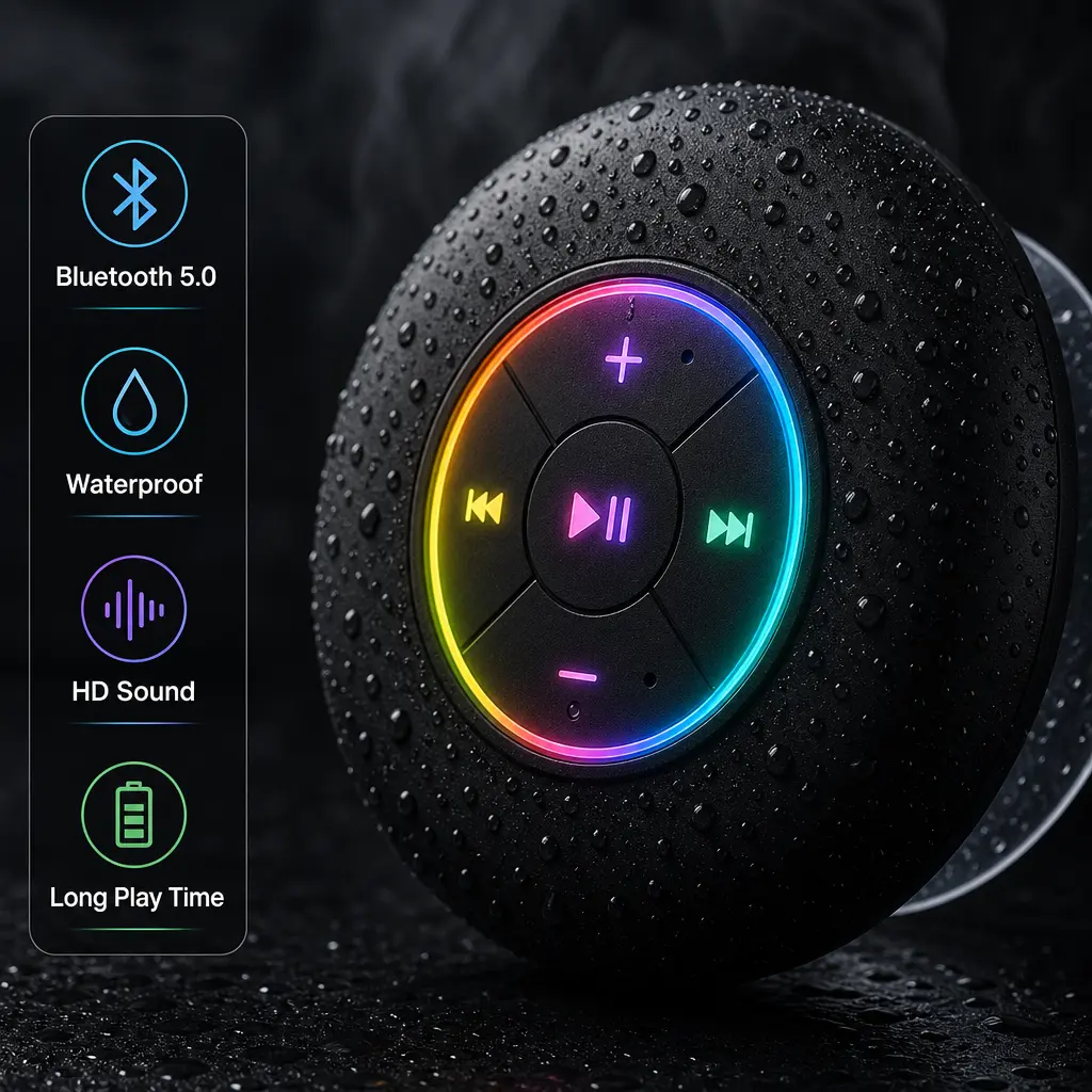 Waterproof Bluetooth Shower Speaker with Suction Cup, RGB LED Flashing Lights Mini Wireless Portable Speaker, IPX4 Waterproof Handsfree Speaker for Bathroom Shower Pool Beach