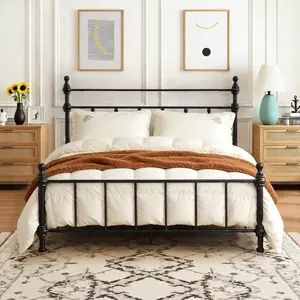 Heavy Duty Metal Platform Bed Frame with Arched/Straight Headboard,  Queen/Full Size Bed Frames, Sturdy Steel Slat Support, No Box Spring Needed, Storage Space Under-bed, Roman Column Design