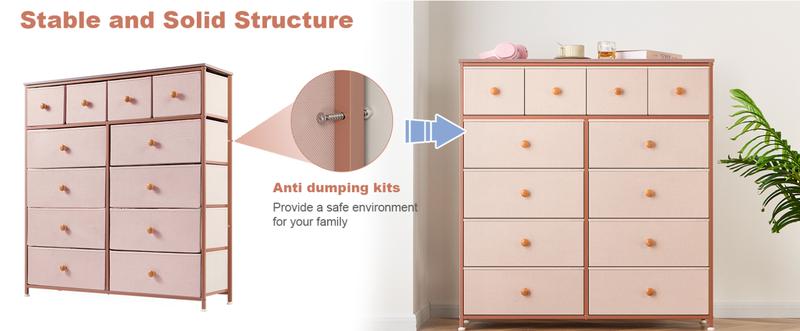 RaybeeFurniture Pink Dresser for Bedroom with 12 Drawers, Sturdy Metal Frame and Wooden Top, for Bedroom, Closet present  cabinets