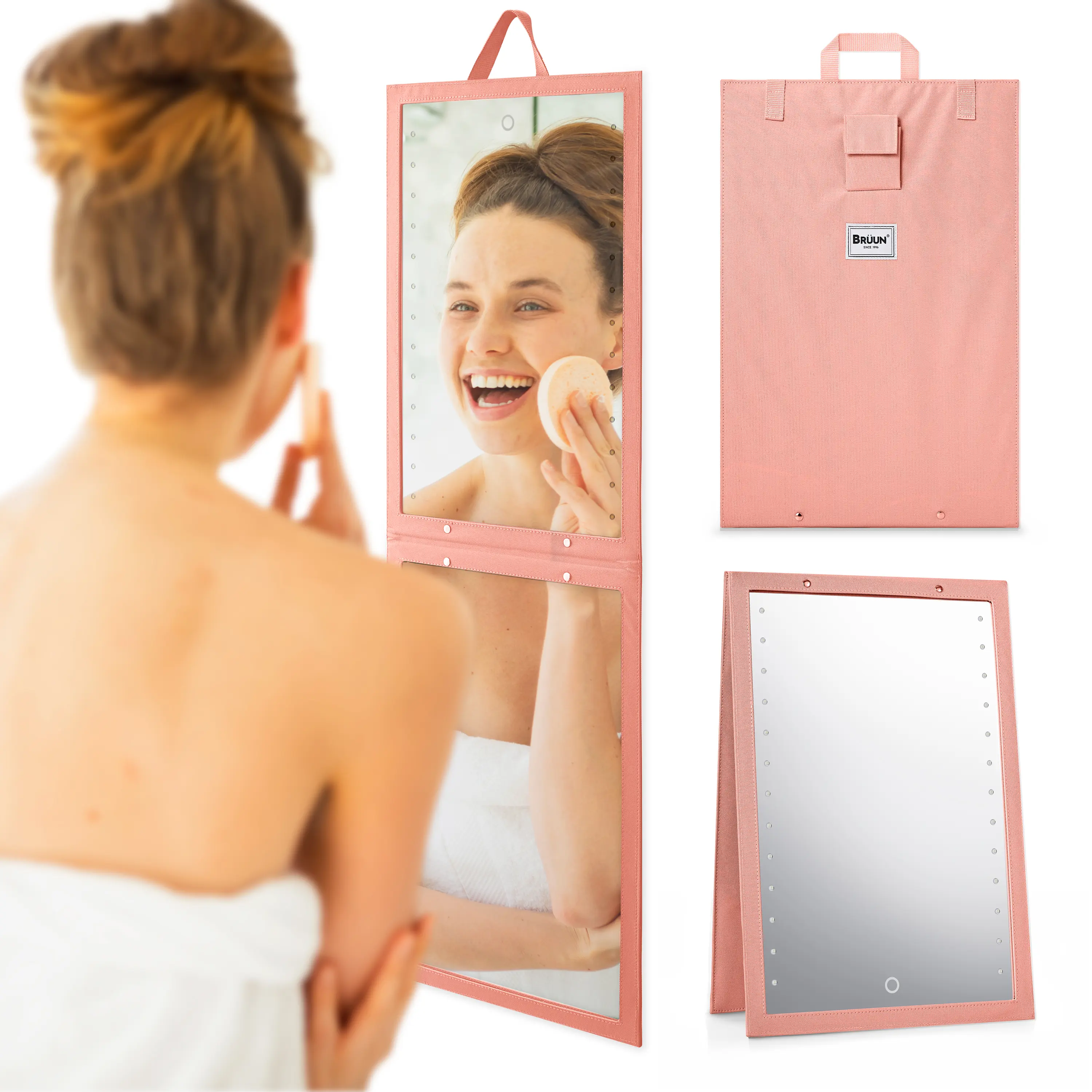 BRUUN Foldable Mirror with Dimmable LED Light for Luminous View – A (13.6 x 43.5 Inches) Pink Hangable Backstage Mirror with Touch Control Power Button for Dancers and Artists at Home, Spa or Event