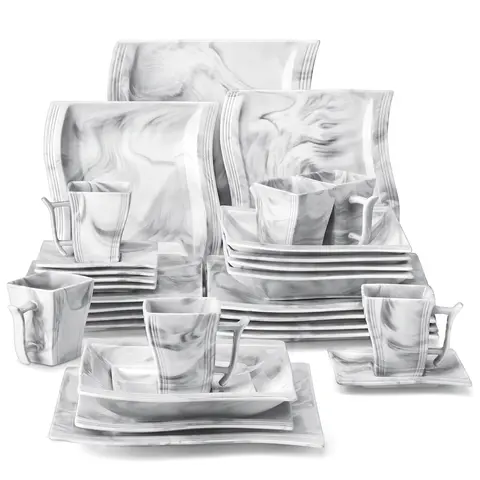 MALACASA Modern Flora Series 26-Piece Marble-Line Unique Lead-Free Porcelain Square Tableware Set for 6 - BPA-Free, Dishwasher Safe, Oven-Microwave Safe, Glossy Everyday Dinnerware (Dinner Plates, Dessert Plates, Soup Bowls, Coffee Mugs)