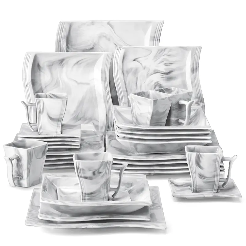 MALACASA Modern Flora Series 26-Piece Marble-Line Unique Lead-Free Porcelain Square Tableware Set for 6 - BPA-Free, Dishwasher Safe, Oven-Microwave Safe, Glossy Everyday Dinnerware (Dinner Plates, Dessert Plates, Soup Bowls, Coffee Mugs)