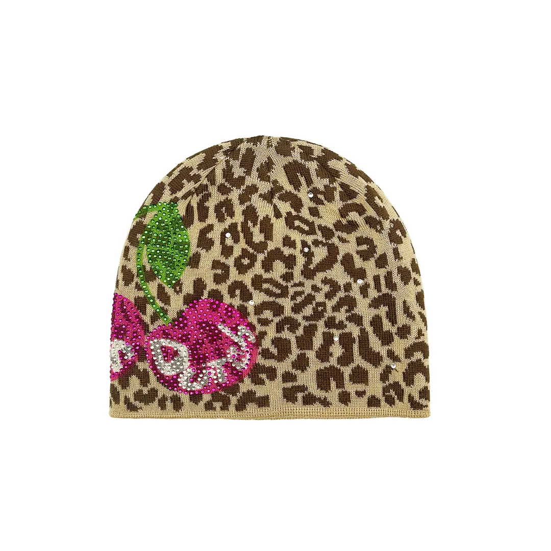 Rhinestone Cherry Beanie - Cheetah
